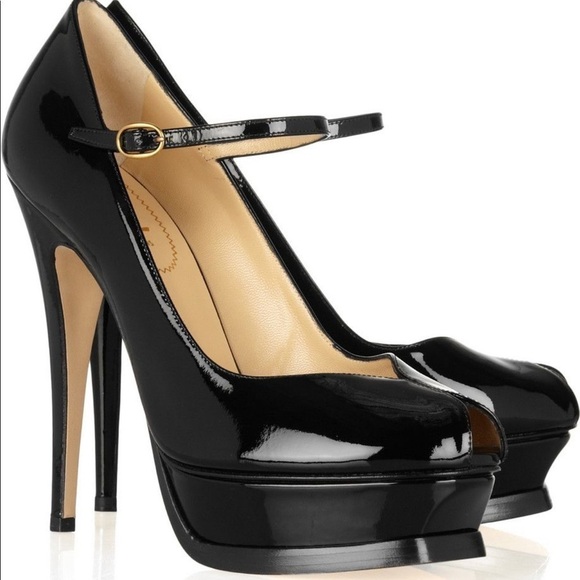 YSL- Tribute Black Patent Leather Mary Jane Peep Toe Platform Heel - Picture 1 of 14